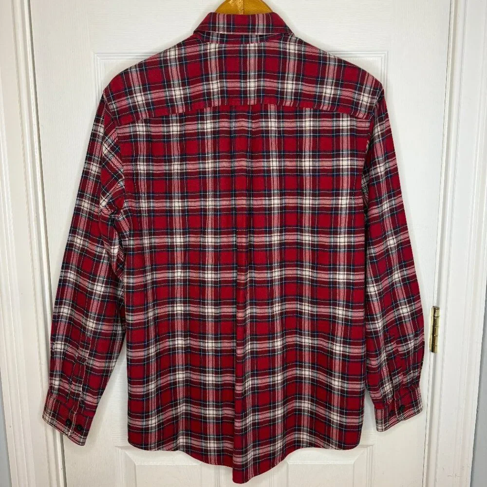 L.L. Bean Red White Blue Scotch Plaid Flannel Shirt Size Medium